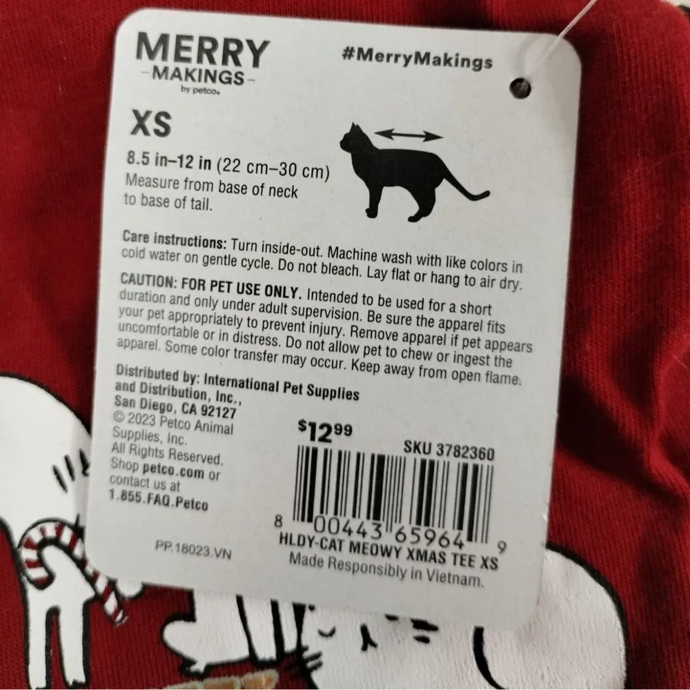 Petco Merry Makings Kitten XS Red and Green Meowy Christmas Pet T-Shirt